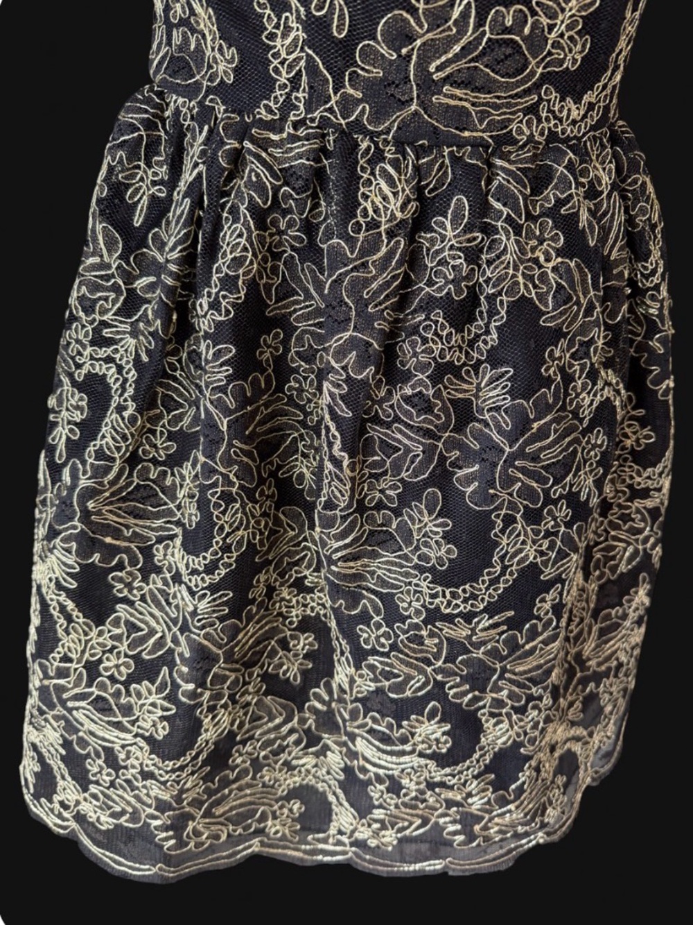 Alice + Olivia Black Gold Embroidered Lace Open Back Fit & Flare Mini Dress - Picture 6 of 7